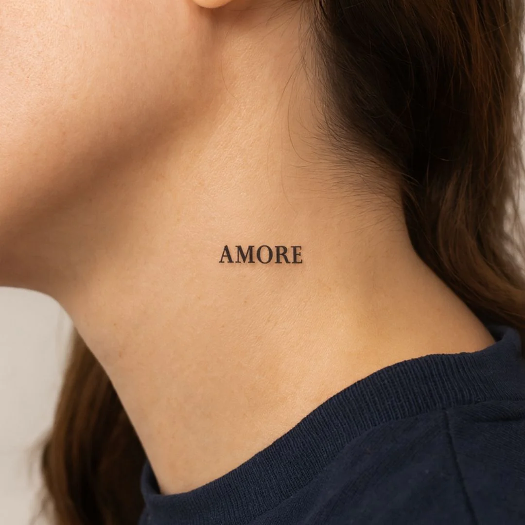 AMORE temporary tattoo in serif capitals