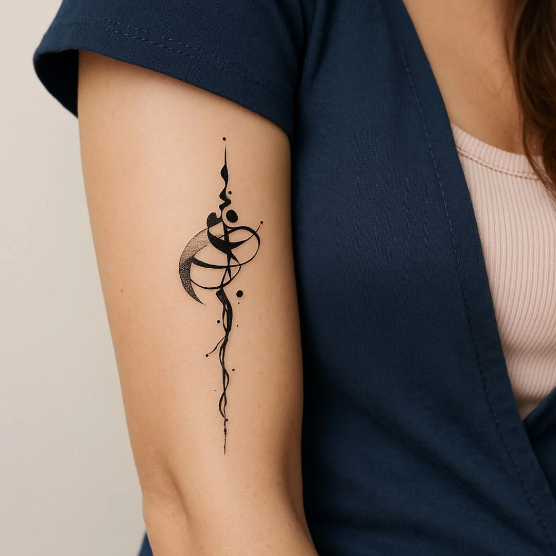 Vertical calligraphic flourish temporary tattoo with ink drops