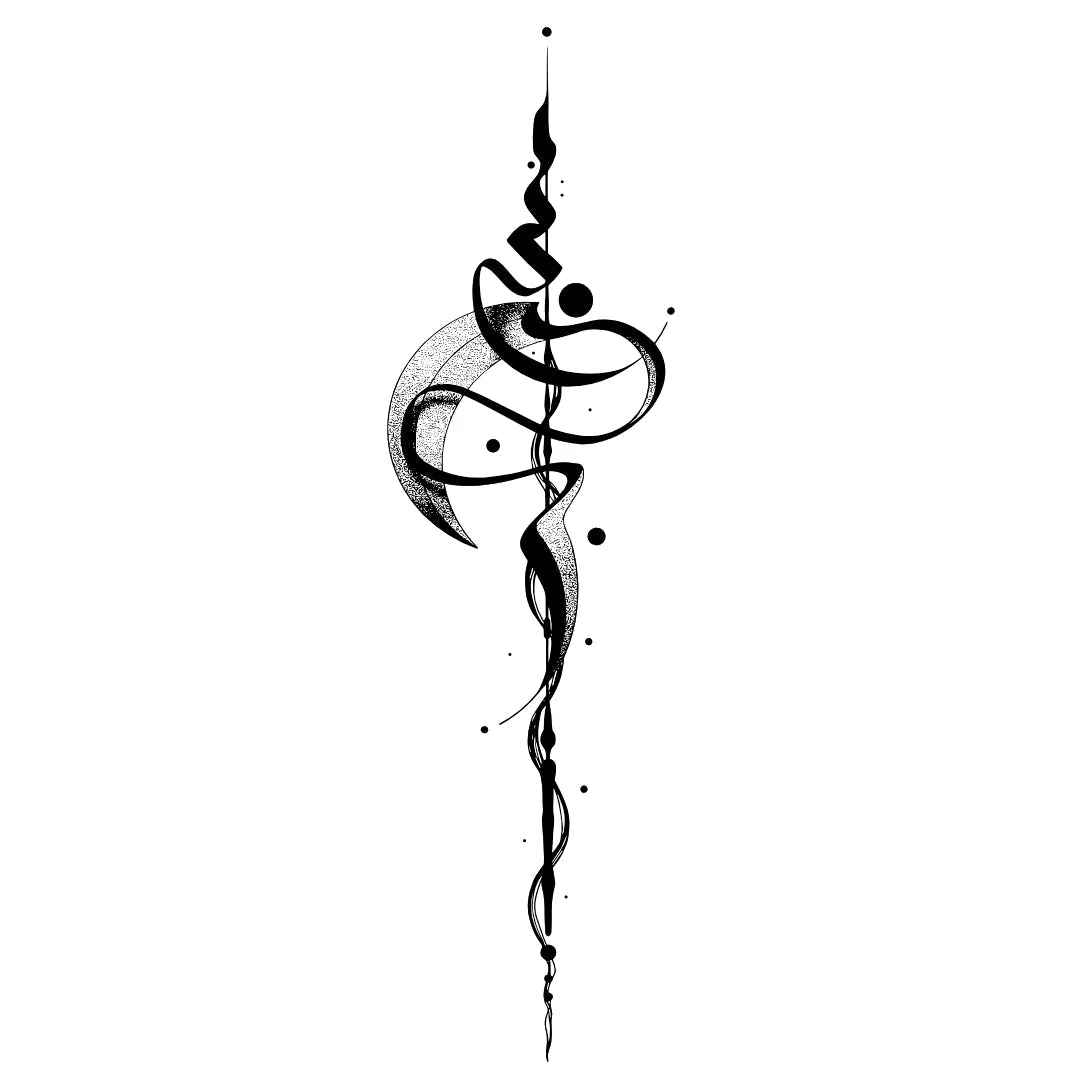 Vertical calligraphic flourish temporary tattoo with ink drops - Image 2