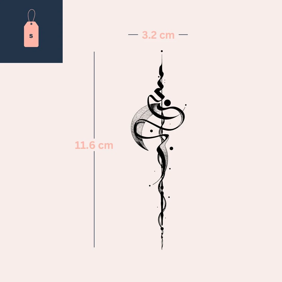 Vertical calligraphic flourish temporary tattoo with ink drops - Image 4