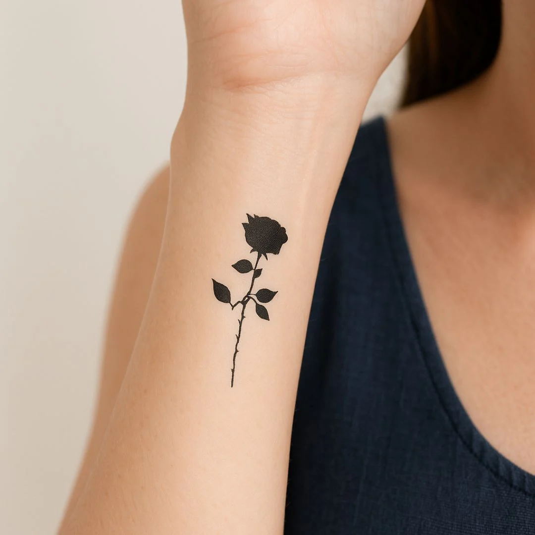 Rose silhouette temporary tattoo with stem and thorns