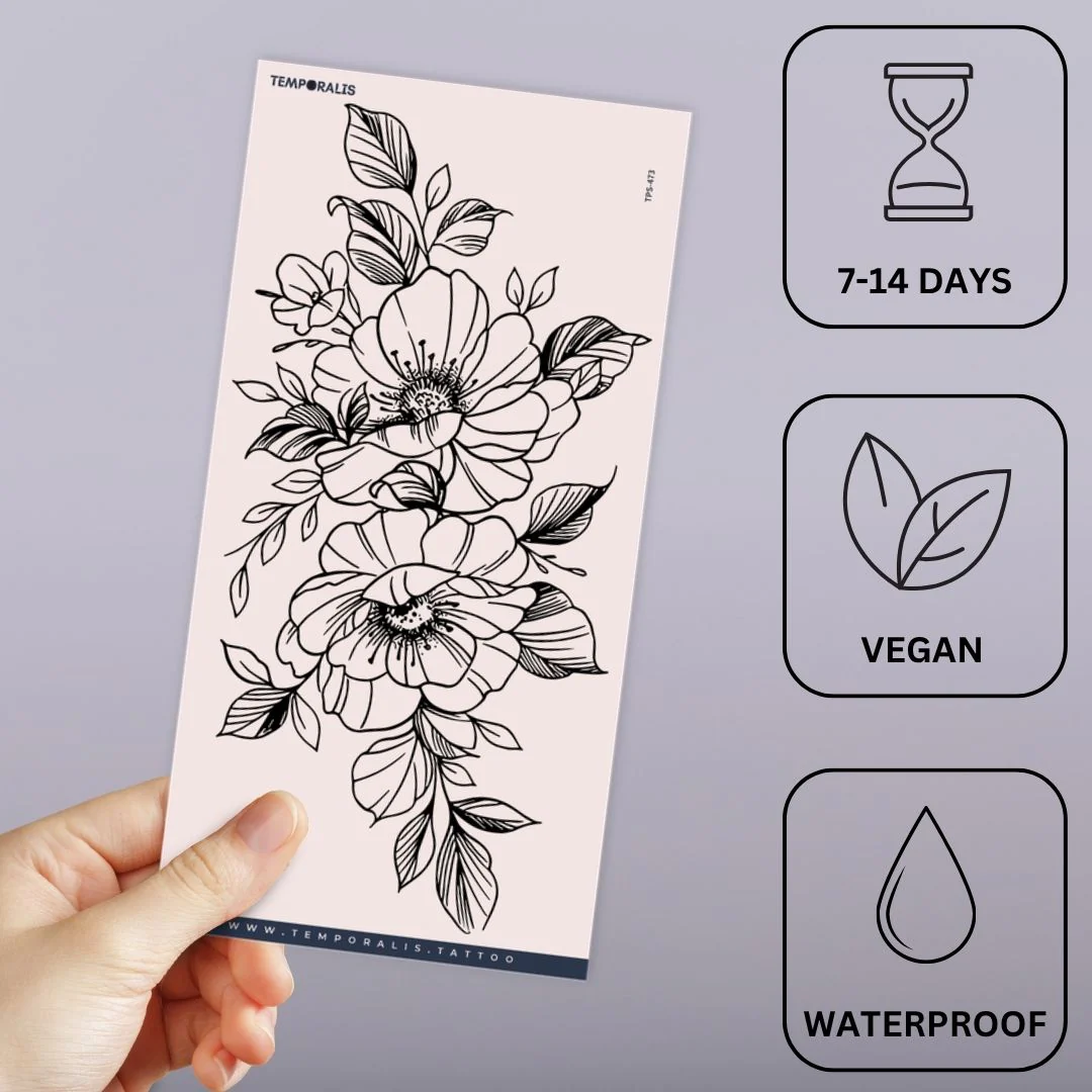 Peonies with leaves temporary tattoo - Image 3