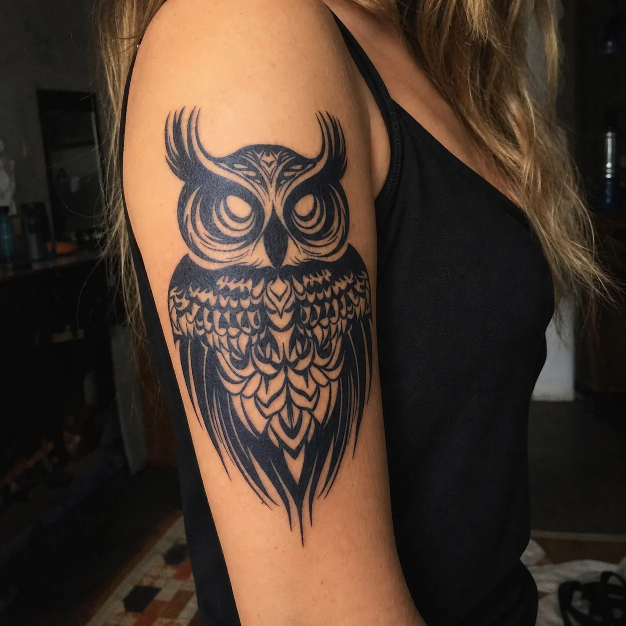 Bold Blackwork Owl Tattoo