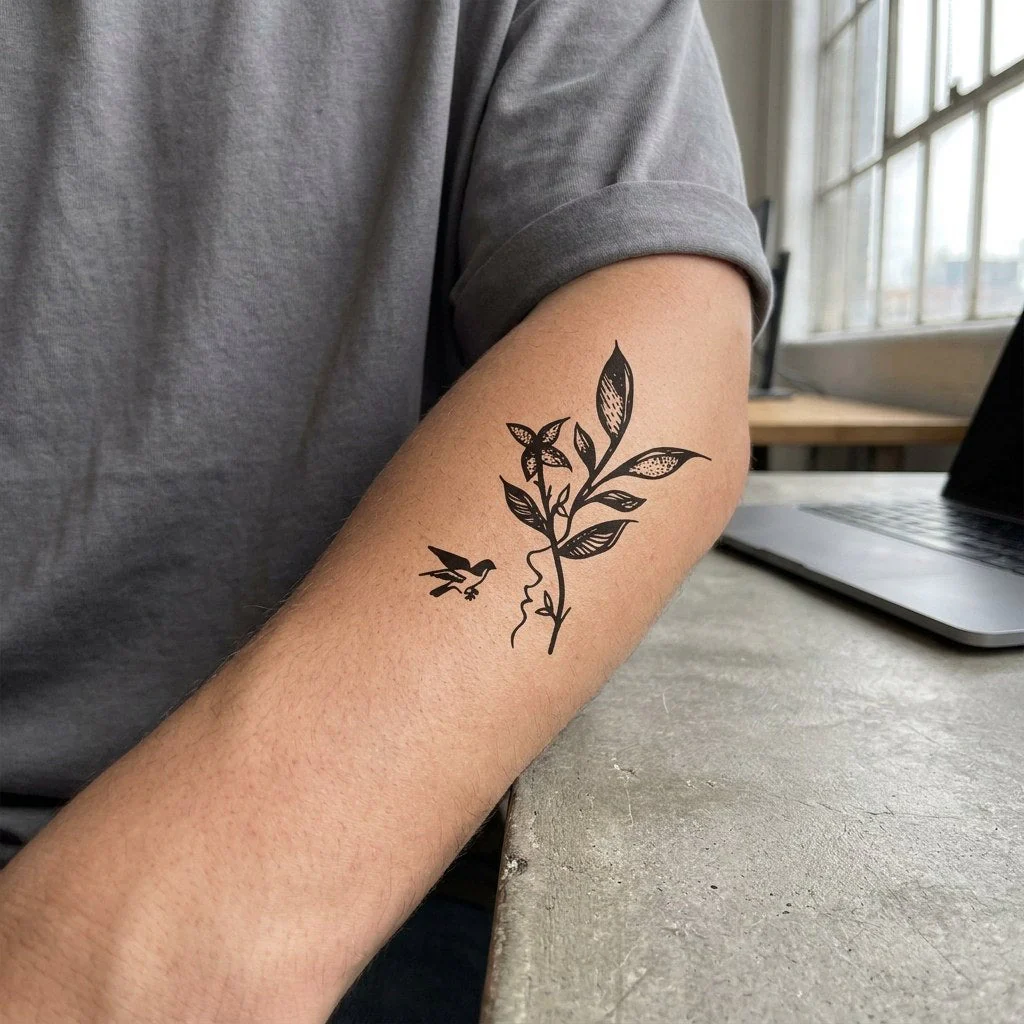 Botanical Branch with Bird Tattoo