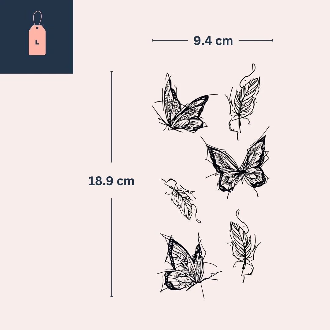 Butterflies & Feathers Temporary Tattoo, Fine Line Dotwork - Image 4