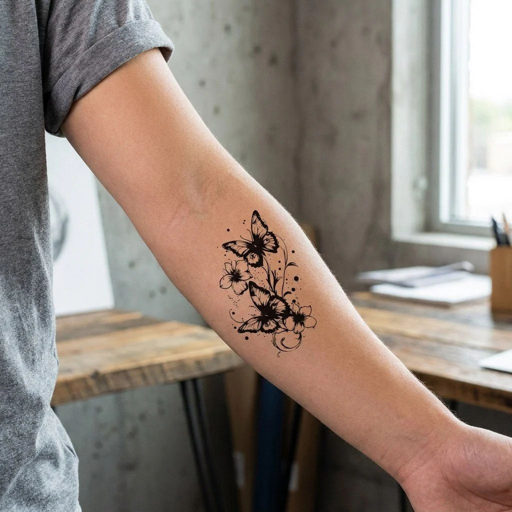 Butterfly Floral Duo Tattoo