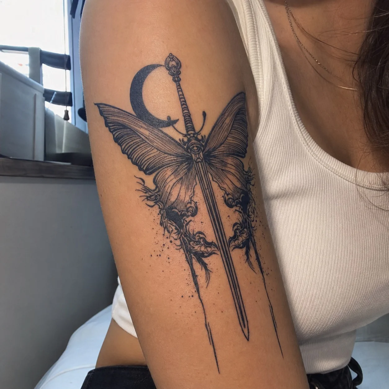 Butterfly Sword Moon Tattoo