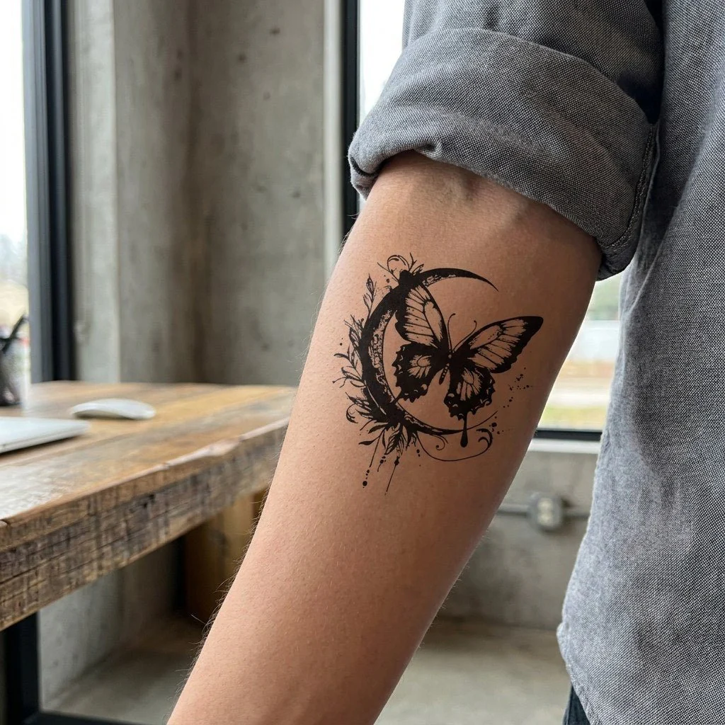Crescent Moon Butterfly Tattoo