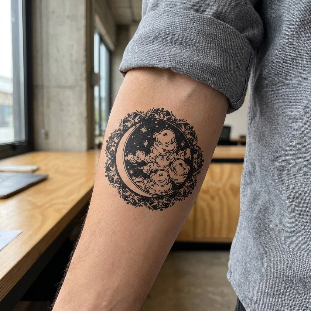 Crescent Moon and Clouds Tattoo