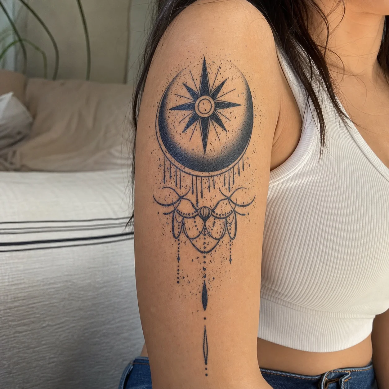 Crescent Moon Compass Star Tattoo