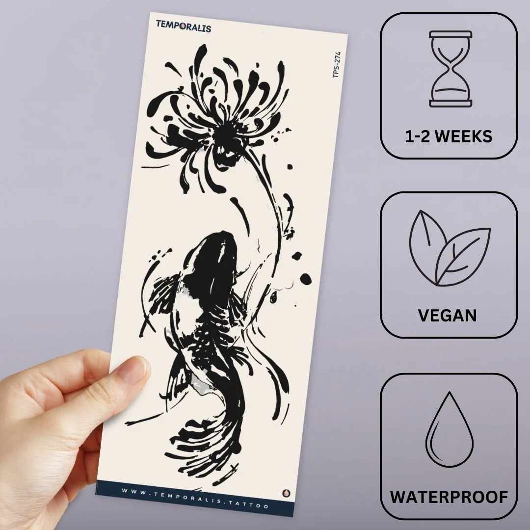 Fish and flower temporary tattoo, sumi-e style - Image 3