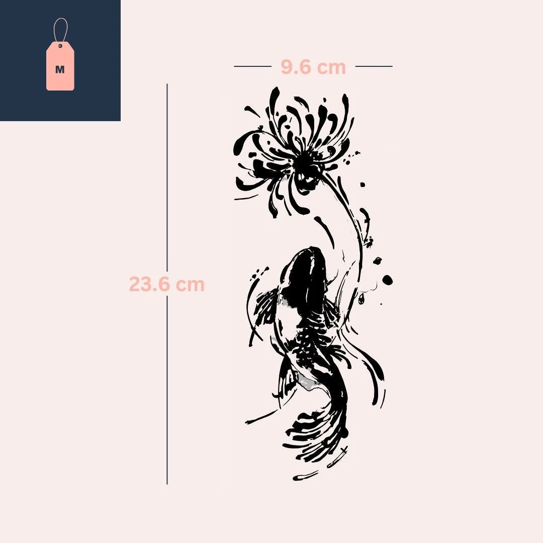 Fish and flower temporary tattoo, sumi-e style - Image 4