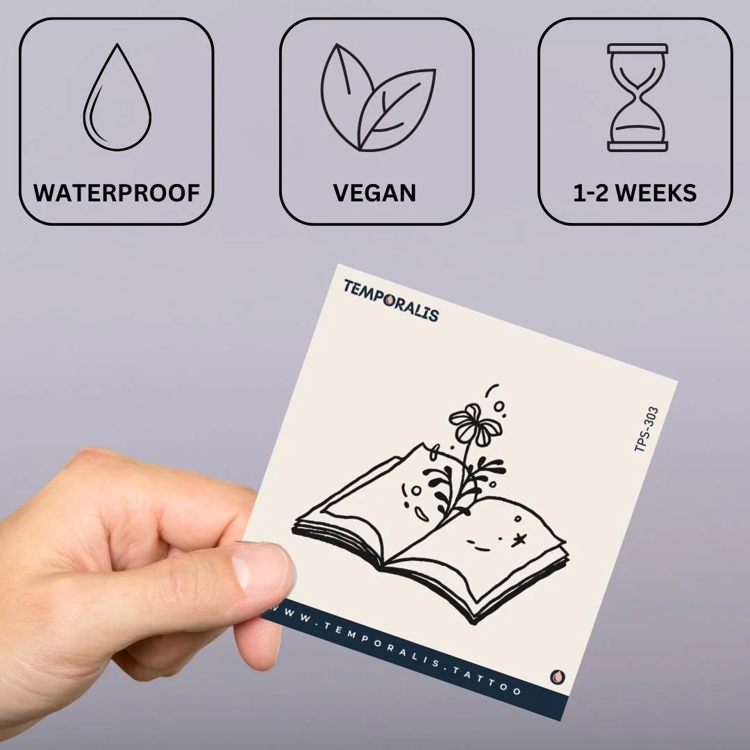 Fine line flower growing from an open book temporary tattoo - Image 3