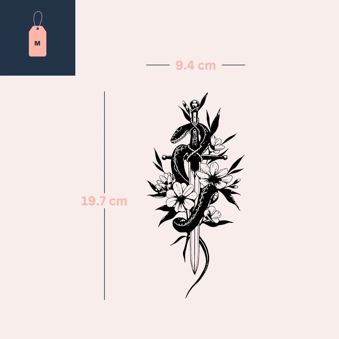 Snake-Wrapped Sword with Flowers Temporary Tattoo - Image 4