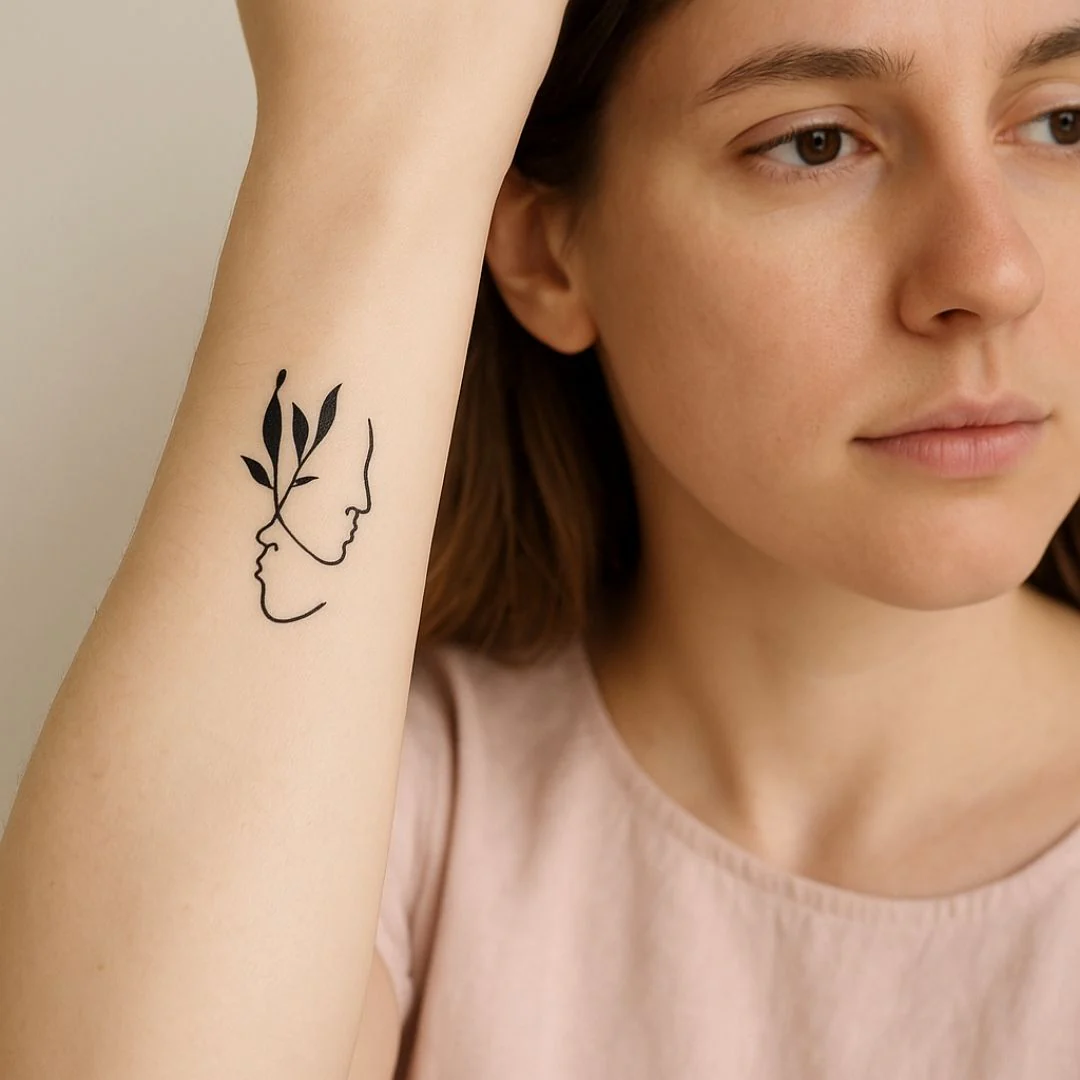 Abstract faces and leafy branch temporary tattoo