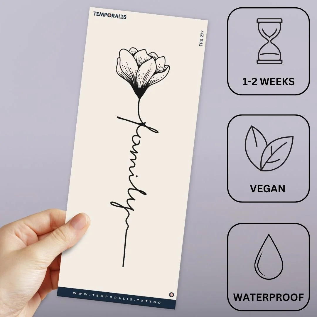 Flower & 'family' Script Temporary Tattoo, Fine Line - Image 3