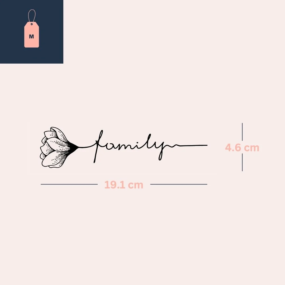 Flower & 'family' Script Temporary Tattoo, Fine Line - Image 4