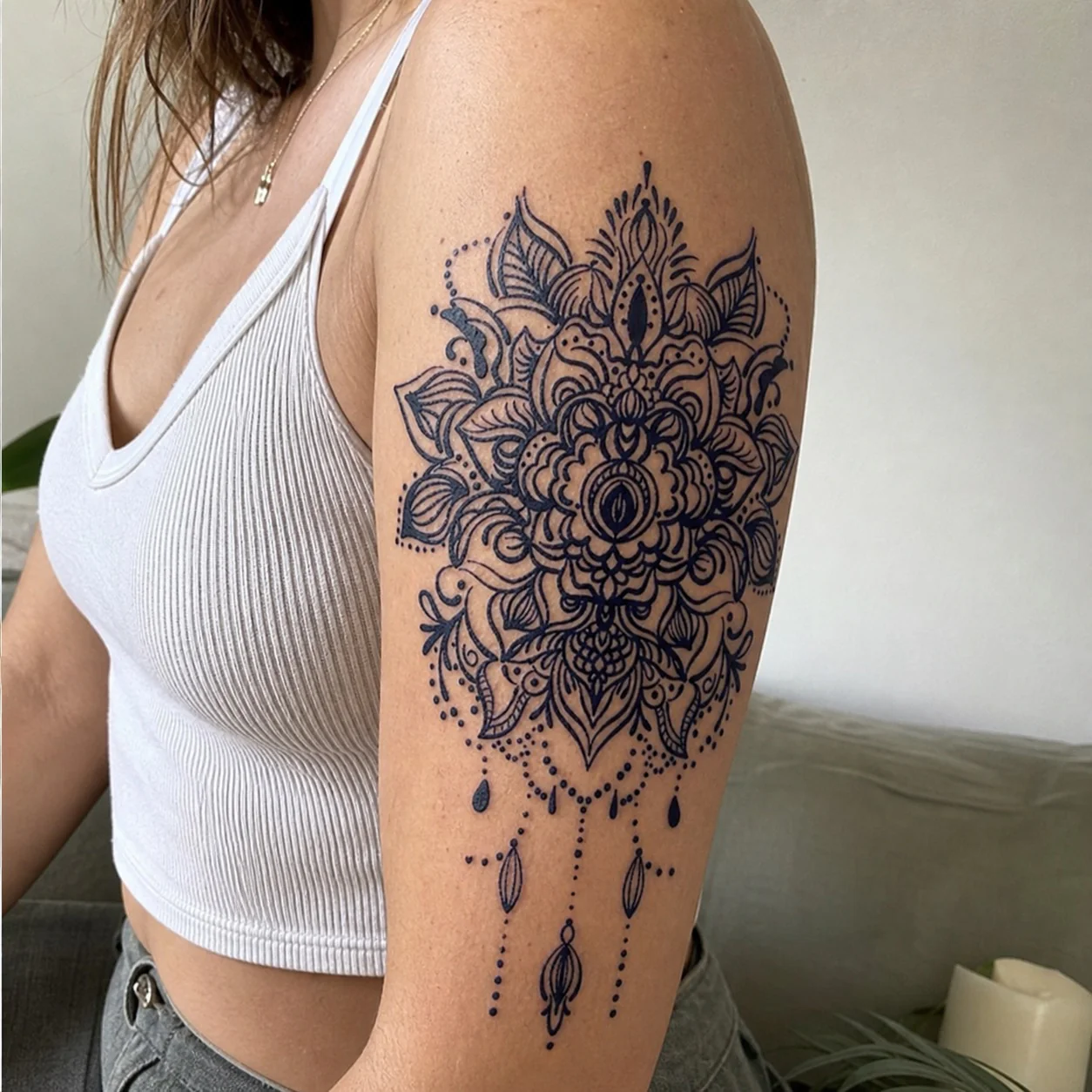 Floral Mandala with Hanging Drops Tattoo