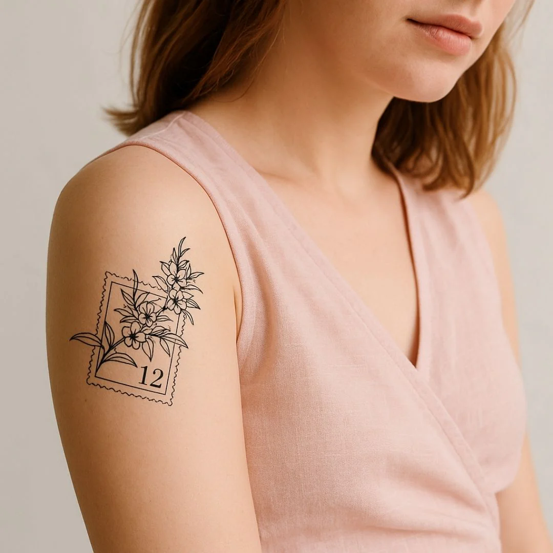 Floral Branch on Postage Stamp Temporary Tattoo