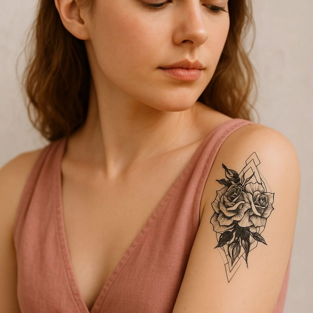 Geometric rose temporary tattoo with buds