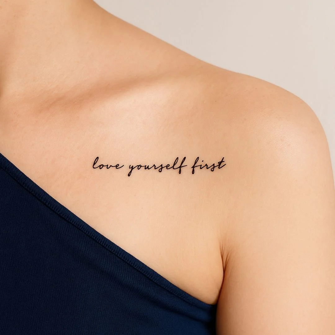 “Love Yourself First” script temporary tattoo