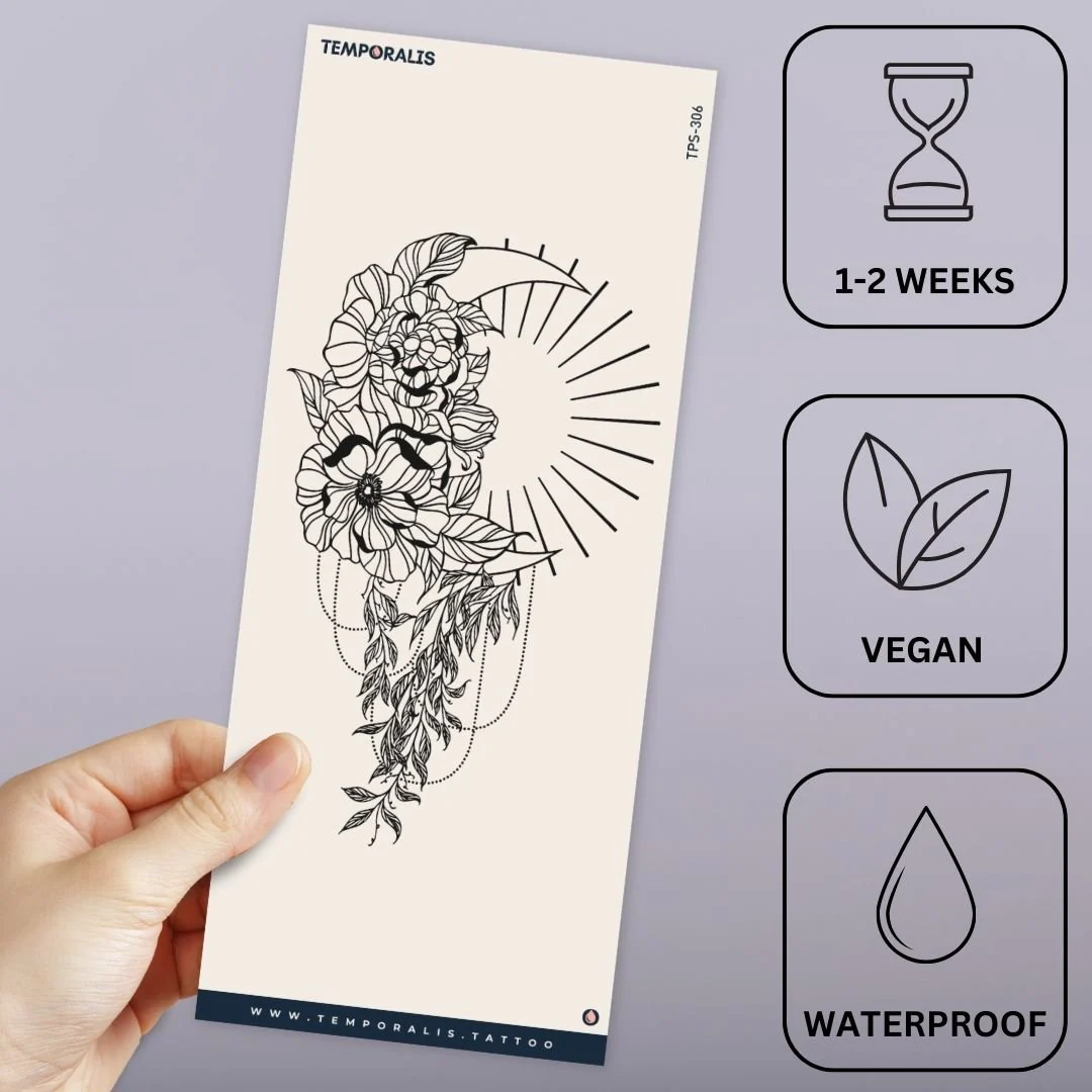 Fine line flowers, moon and sun temporary tattoo - Image 3