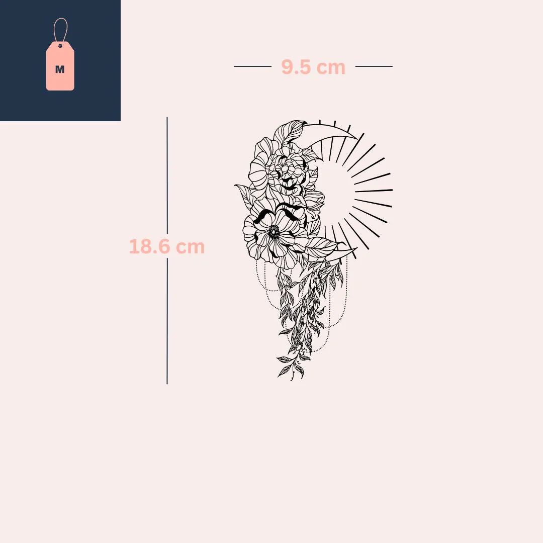 Fine line flowers, moon and sun temporary tattoo - Image 4