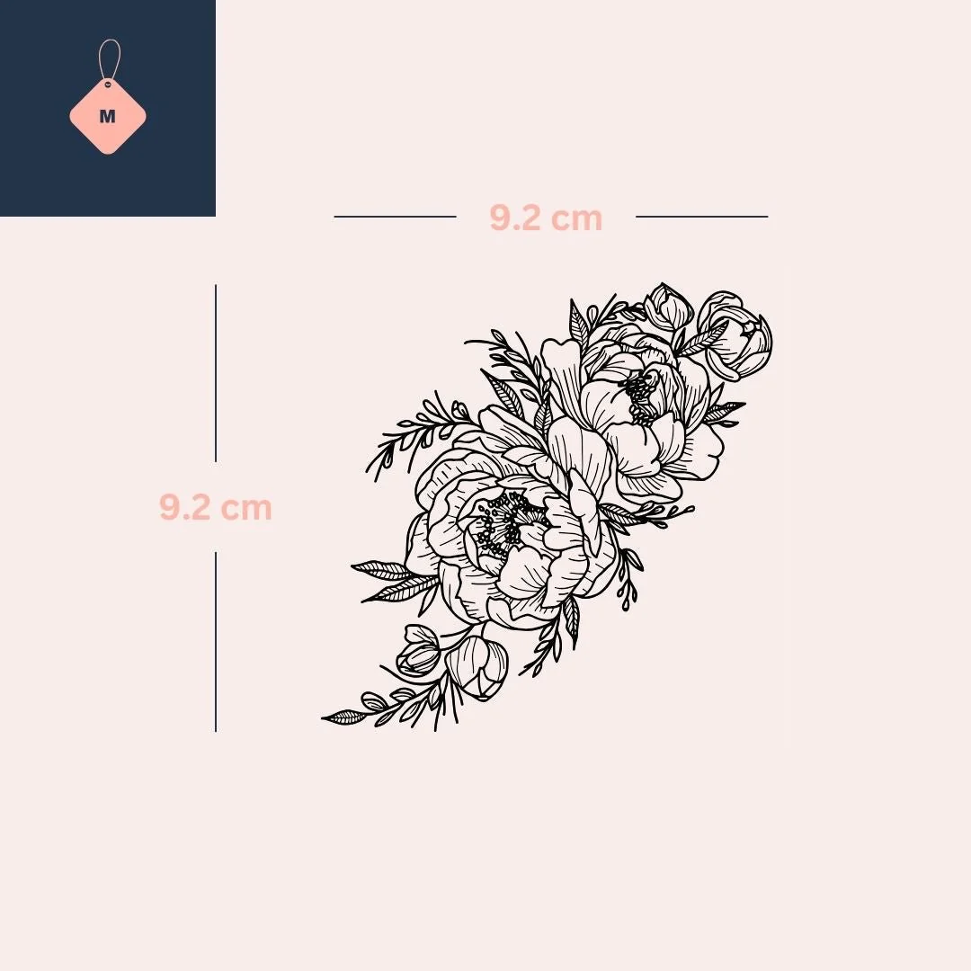 Peony bouquet temporary tattoo with leaves and buds - Image 4