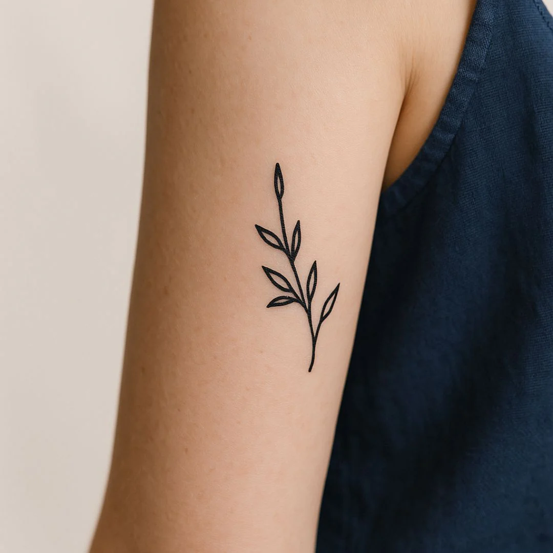Leafy branch temporary tattoo, fine line