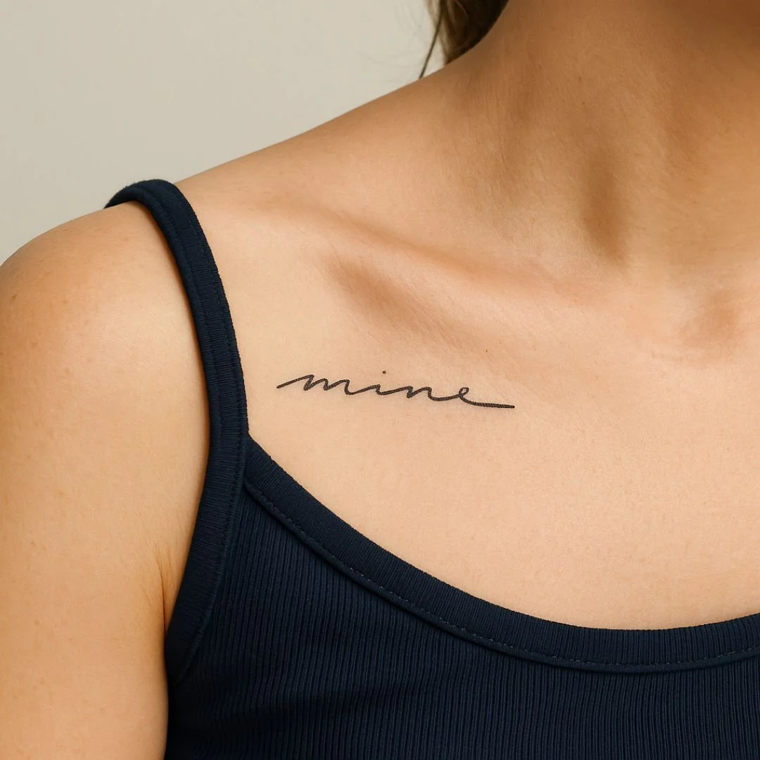 “mine” cursive script temporary tattoo