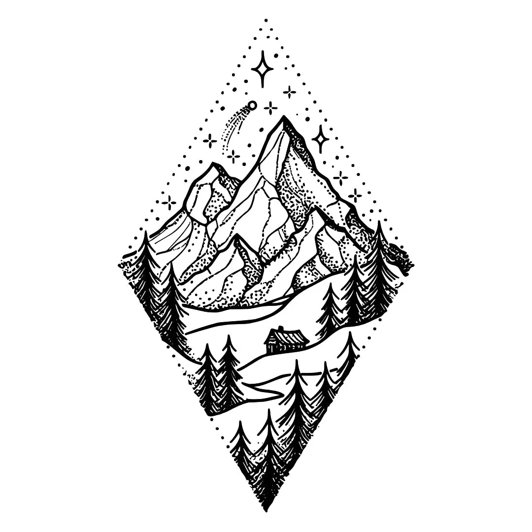 Dotwork mountain cabin and pines temporary tattoo - Image 2