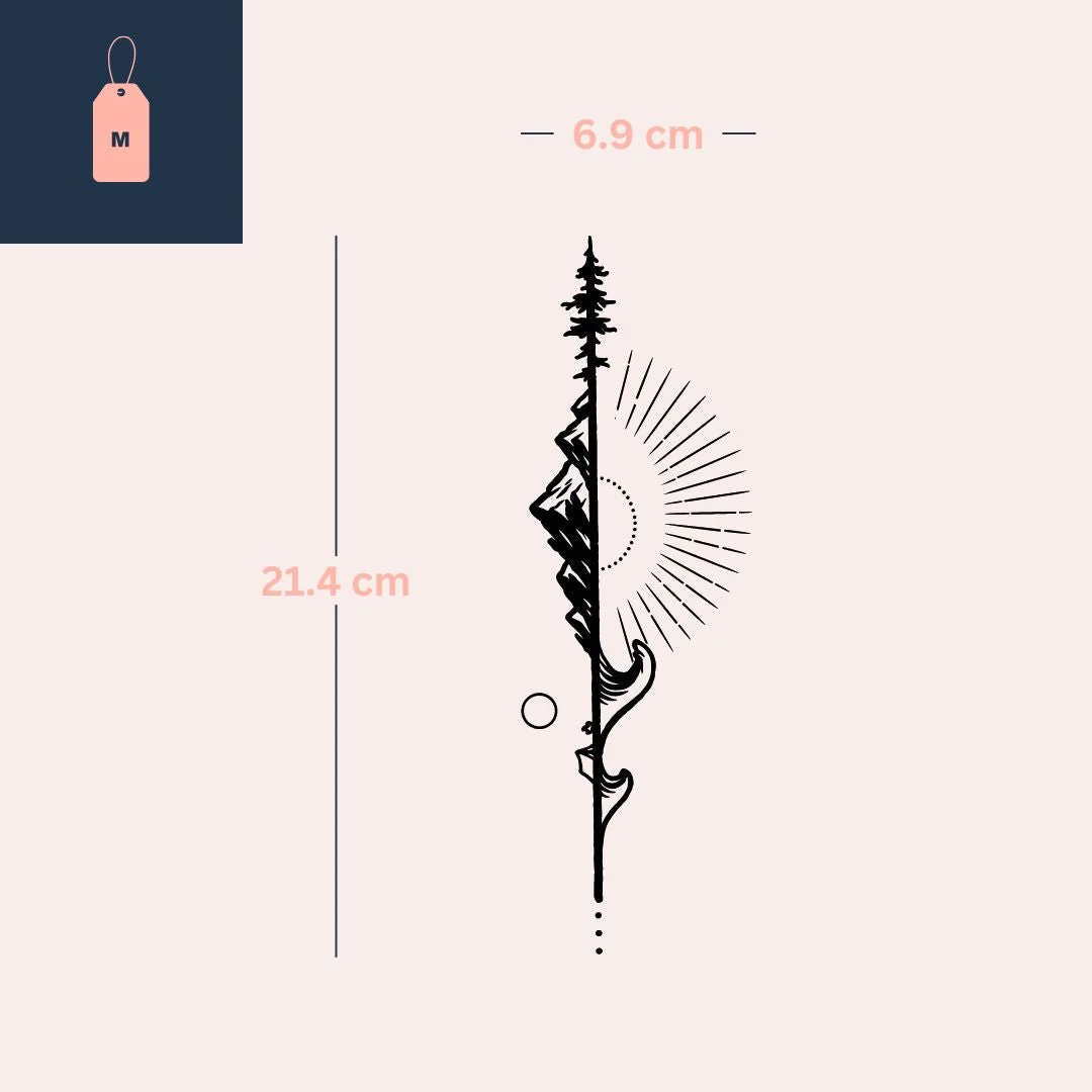 Geometric Tree, Mountains and Sun Temporary Tattoo - Image 4
