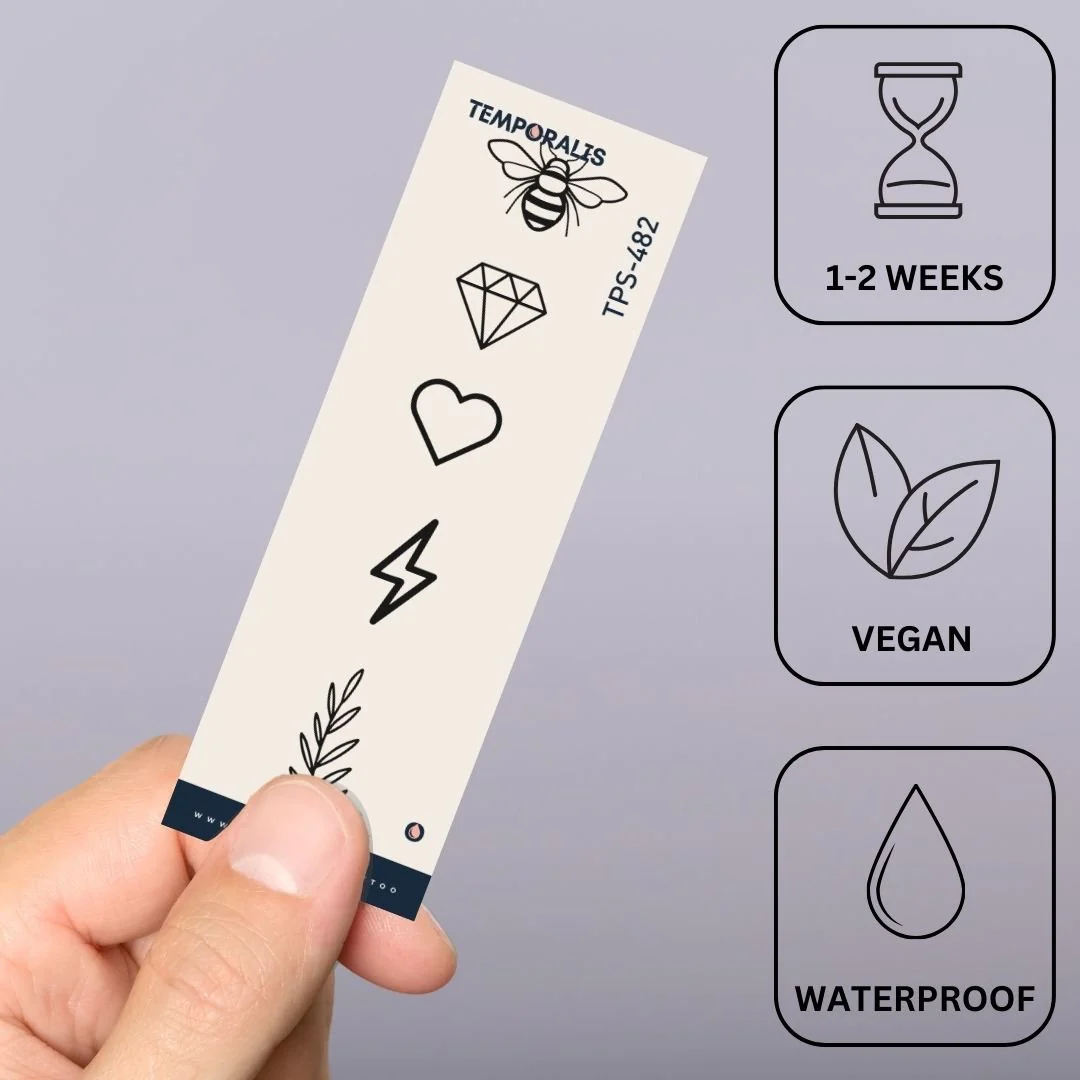 Mini set of 5 temporary tattoos: leaf, bee, lightning, diamond, heart - Image 4