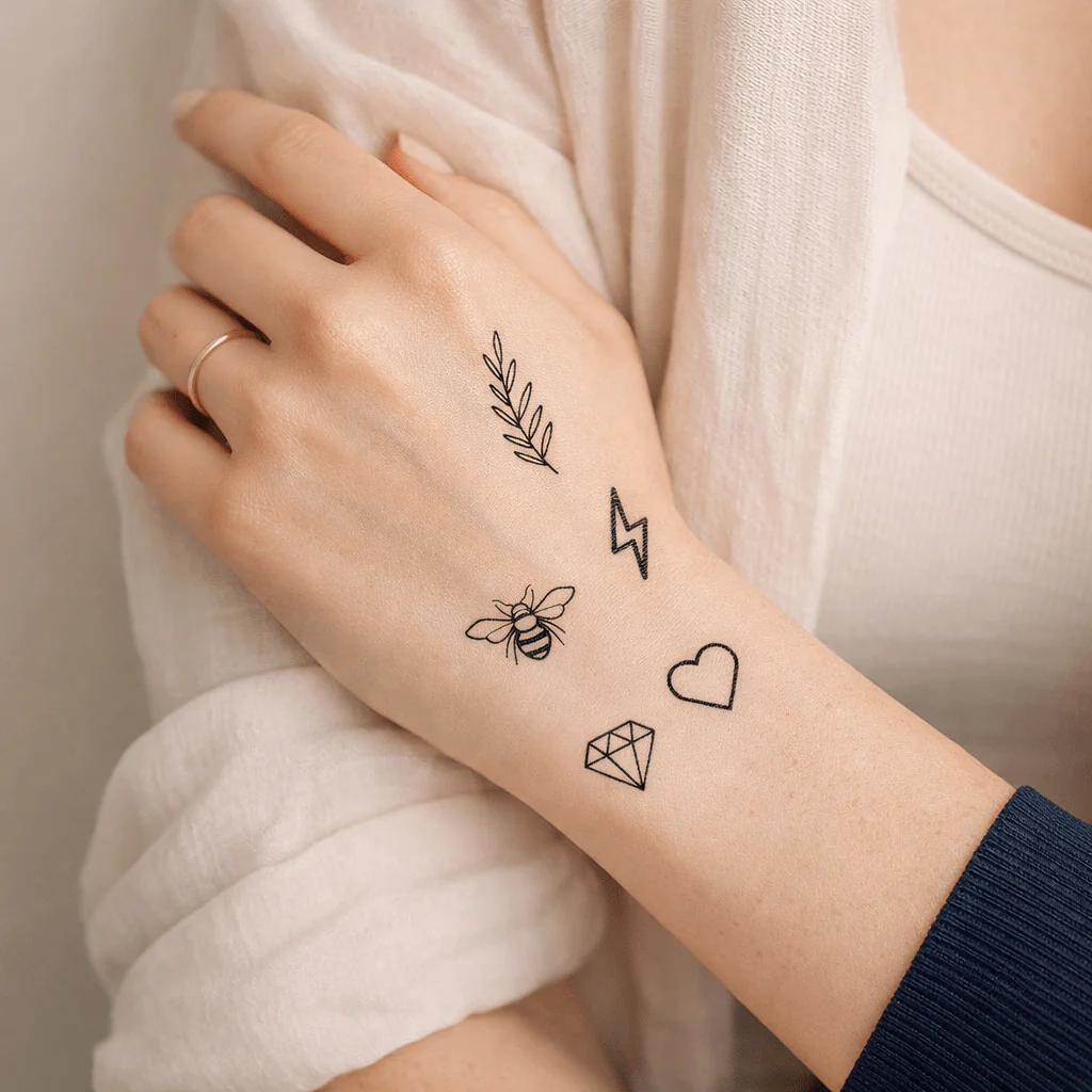 Mini set of 5 temporary tattoos: leaf, bee, lightning, diamond, heart - Image 6
