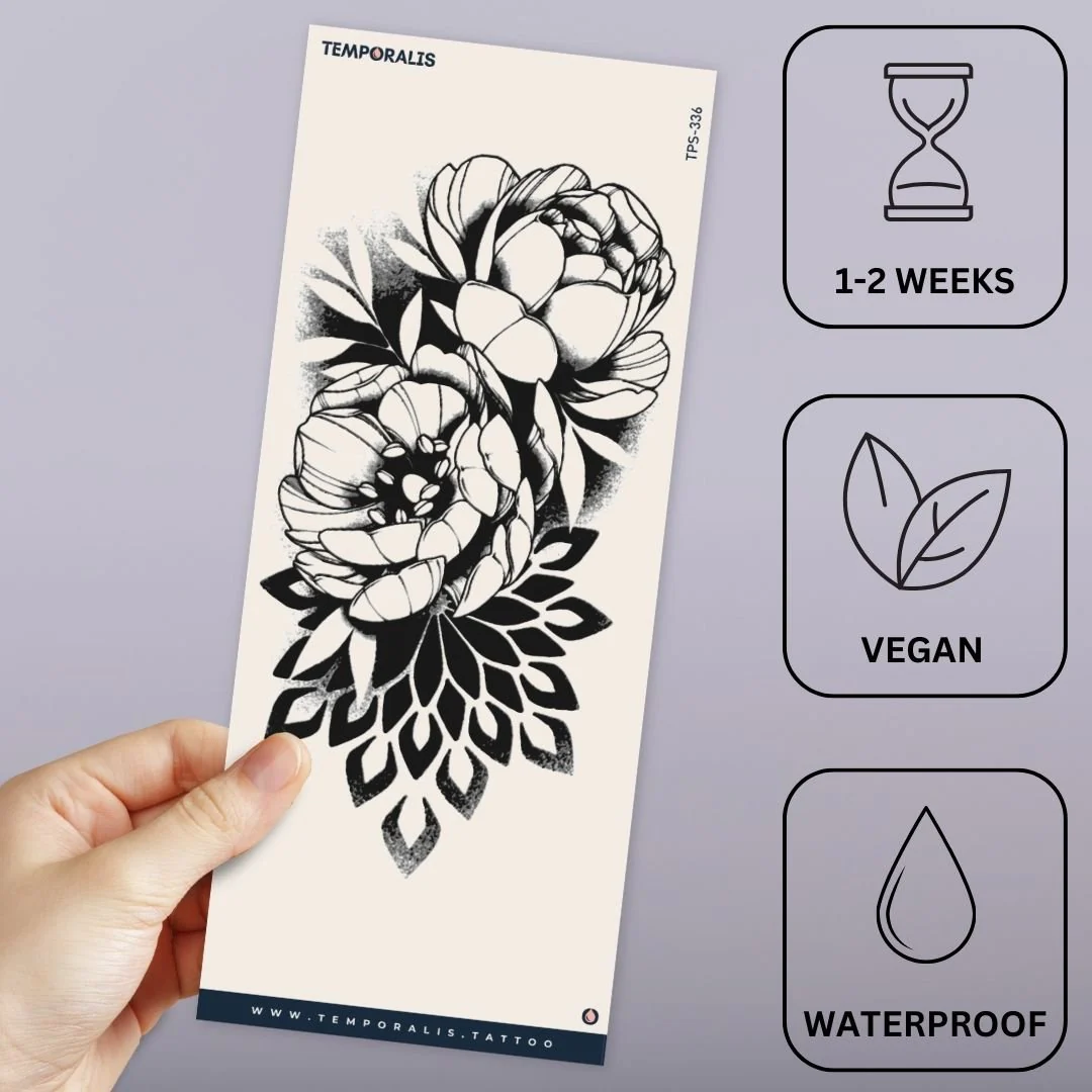 Peony temporary tattoo, engraving style - Image 3