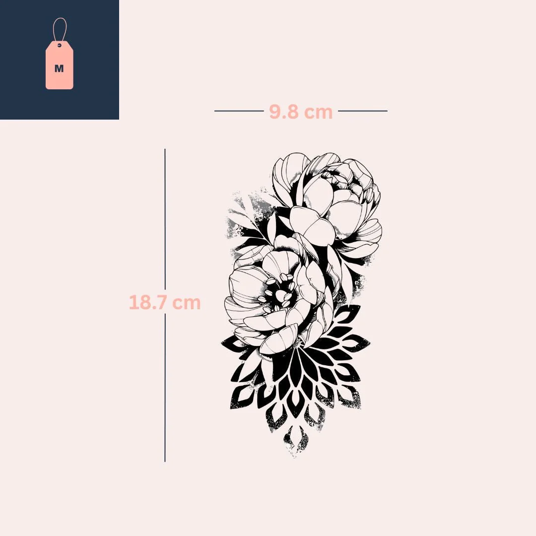 Peony temporary tattoo, engraving style - Image 4