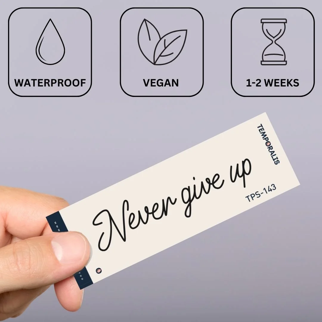Never Give Up temporary tattoo, script lettering - Image 3