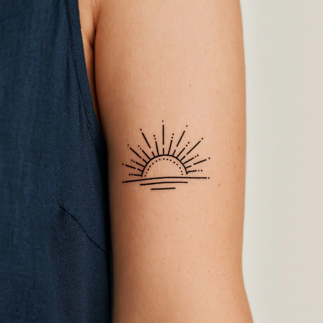 Sunrise temporary tattoo with rays and horizon