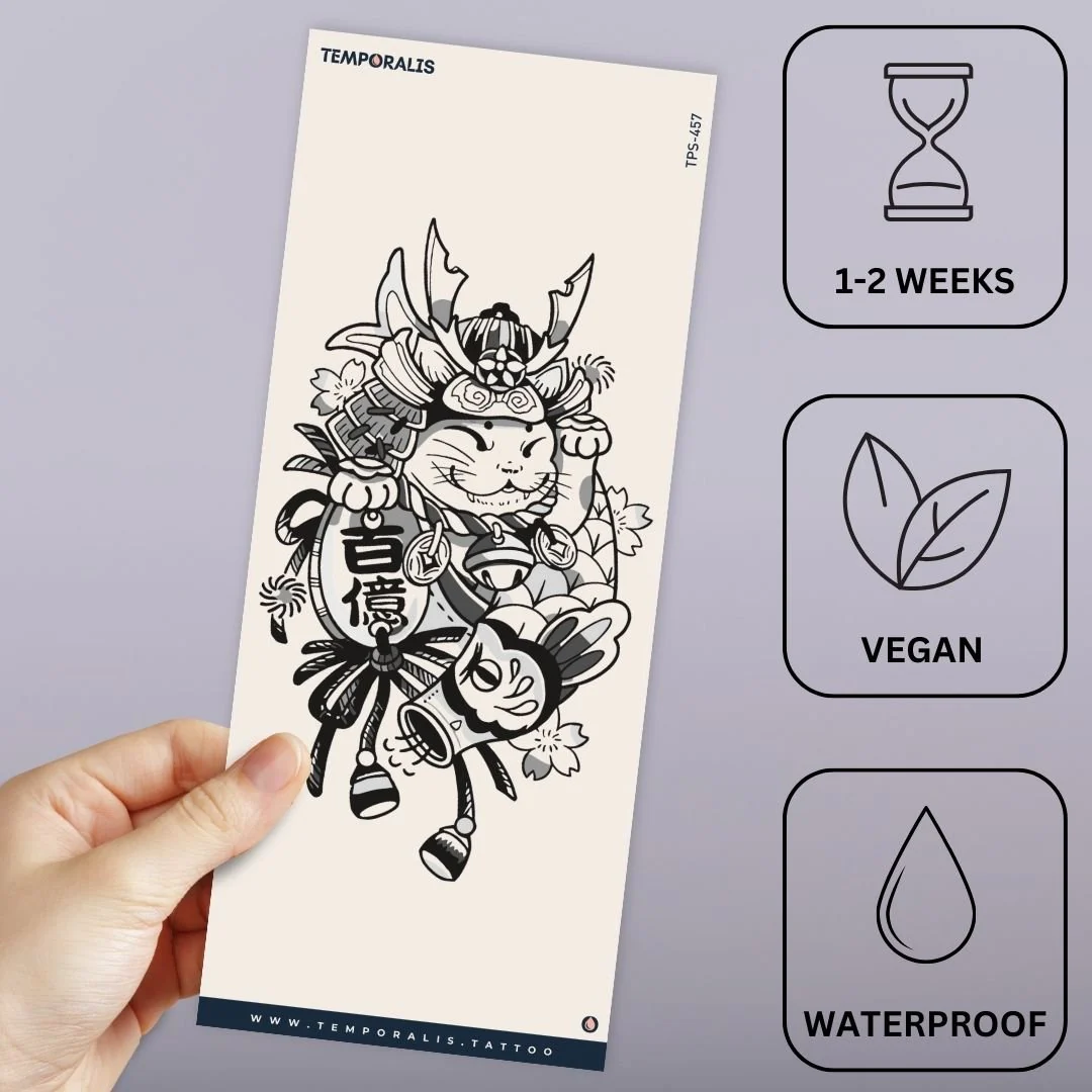 Samurai lucky cat temporary tattoo with lantern - Image 3
