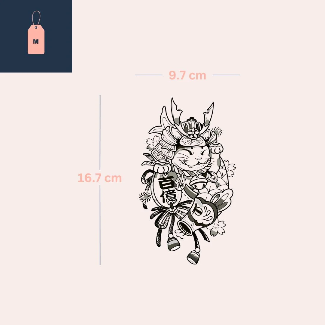 Samurai lucky cat temporary tattoo with lantern - Image 4