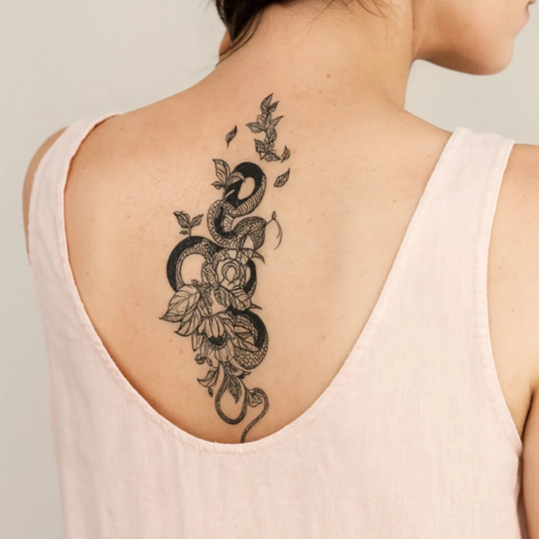 Snake with Flowers Linework Temporary Tattoo