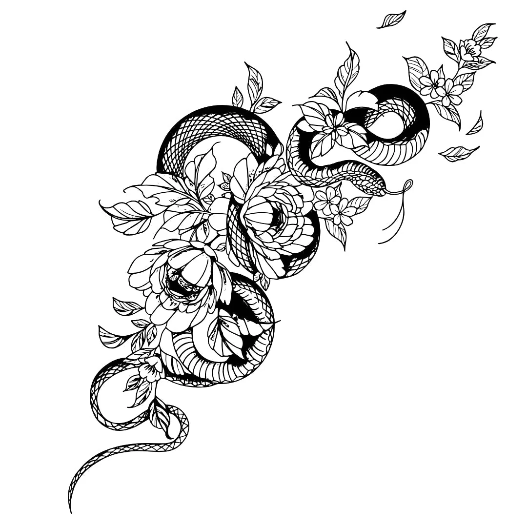 Snake with Flowers Linework Temporary Tattoo - Image 2