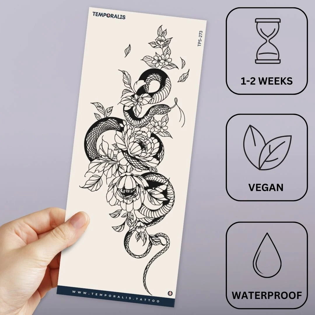 Snake with Flowers Linework Temporary Tattoo - Image 3
