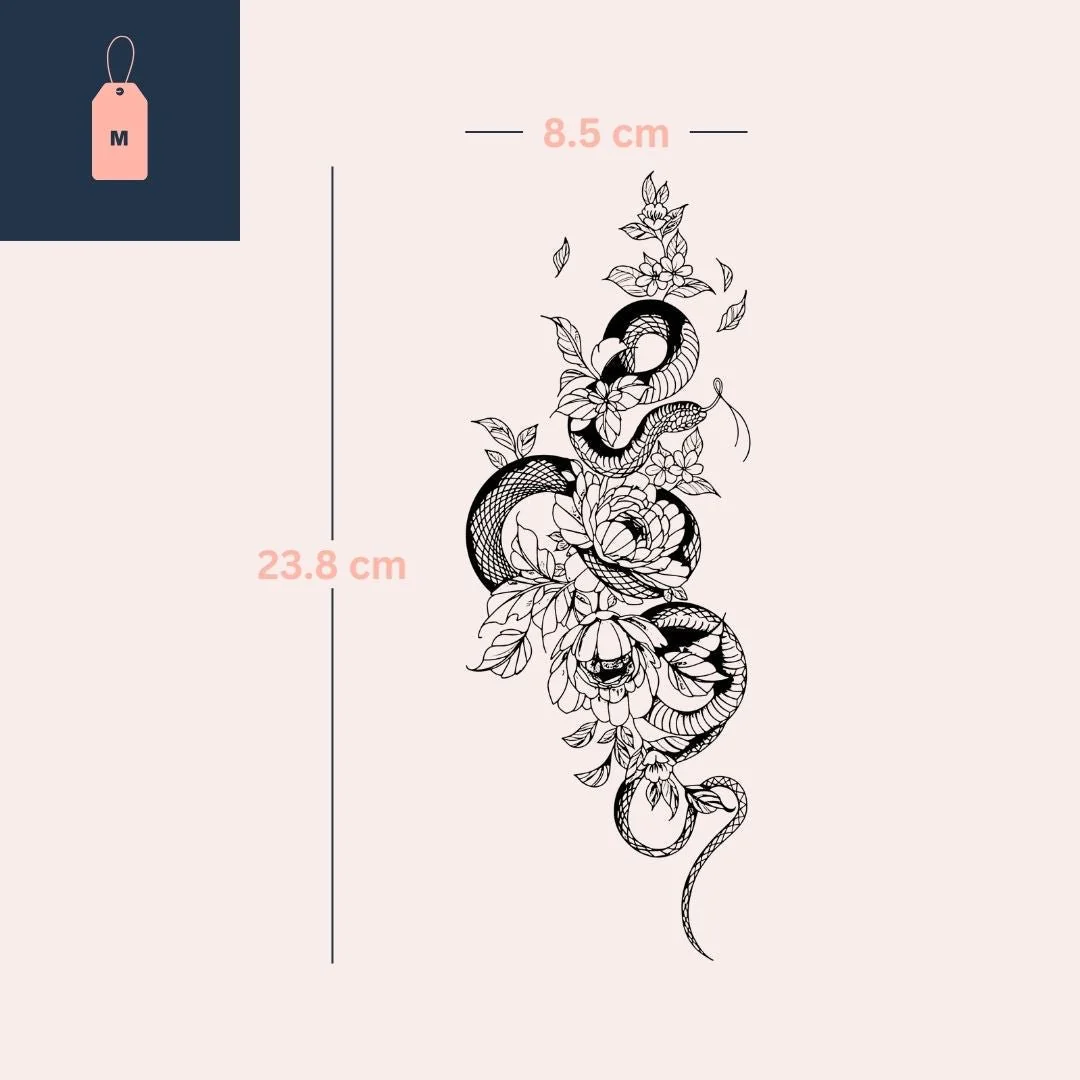 Snake with Flowers Linework Temporary Tattoo - Image 4