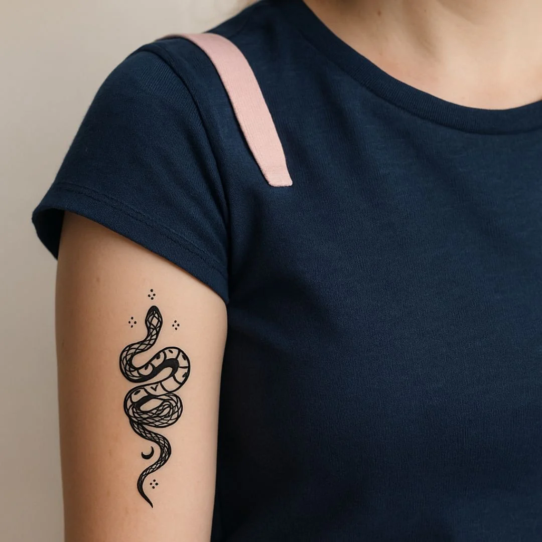 Coiled serpent temporary tattoo with crescent moons
