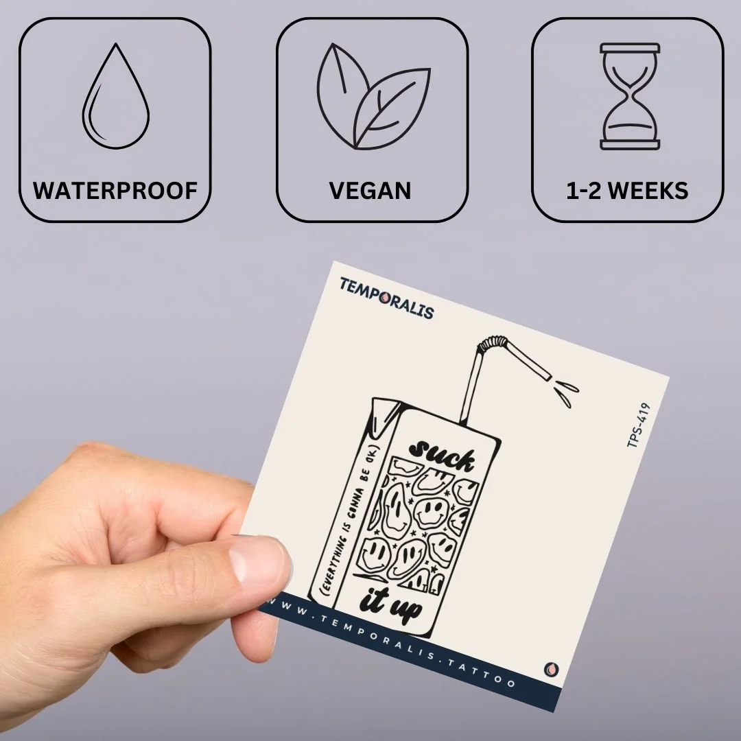 Smiley juice box temporary tattoo – 'suck it up' - Image 3