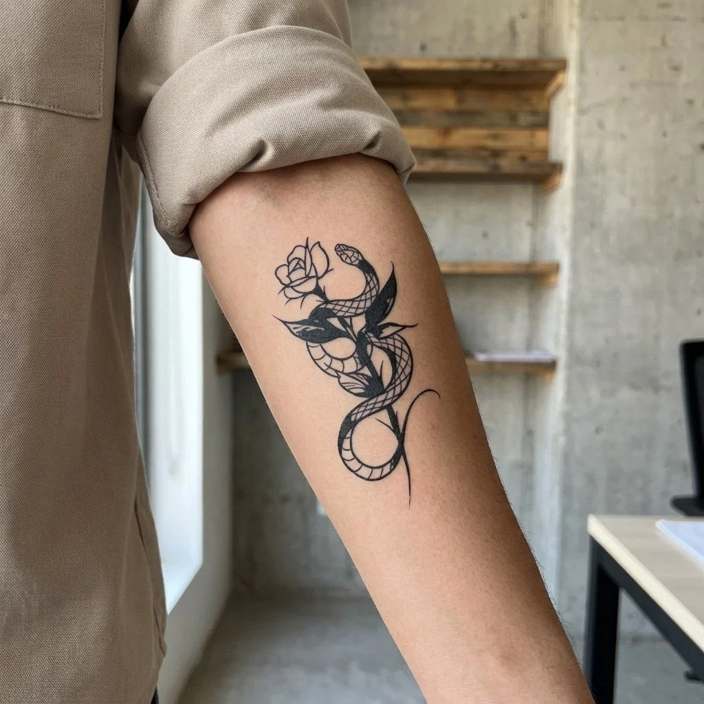 Snake and Rose Tattoo