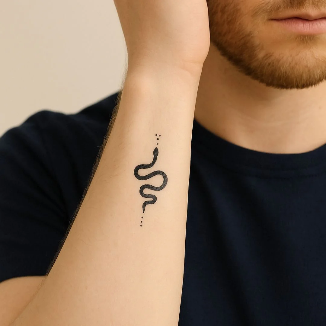 Minimalist snake line art temporary tattoo with dots