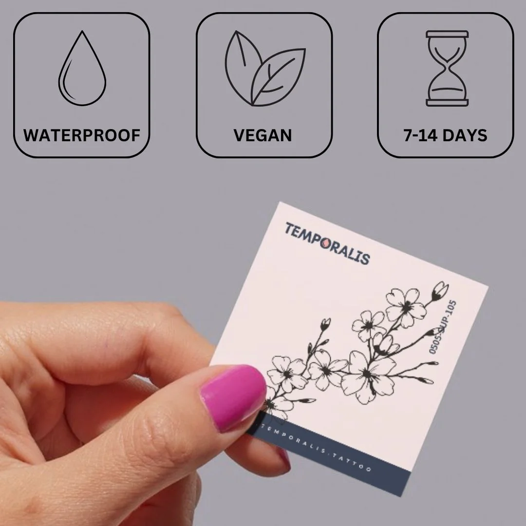 Fine line flower branch temporary tattoo with buds - Image 3