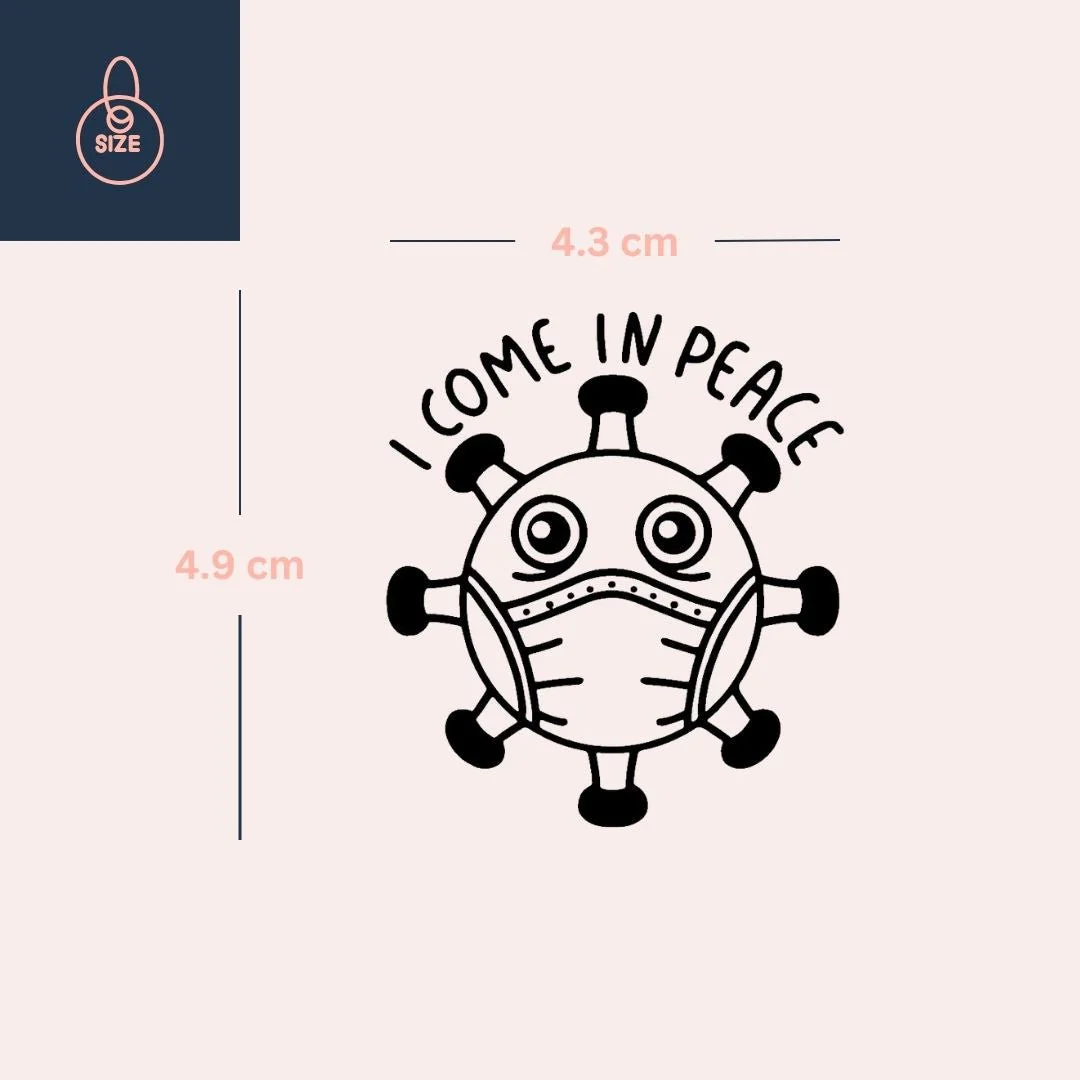 Masked virus temporary tattoo, cartoon style, 'I COME IN PEACE' - Image 4